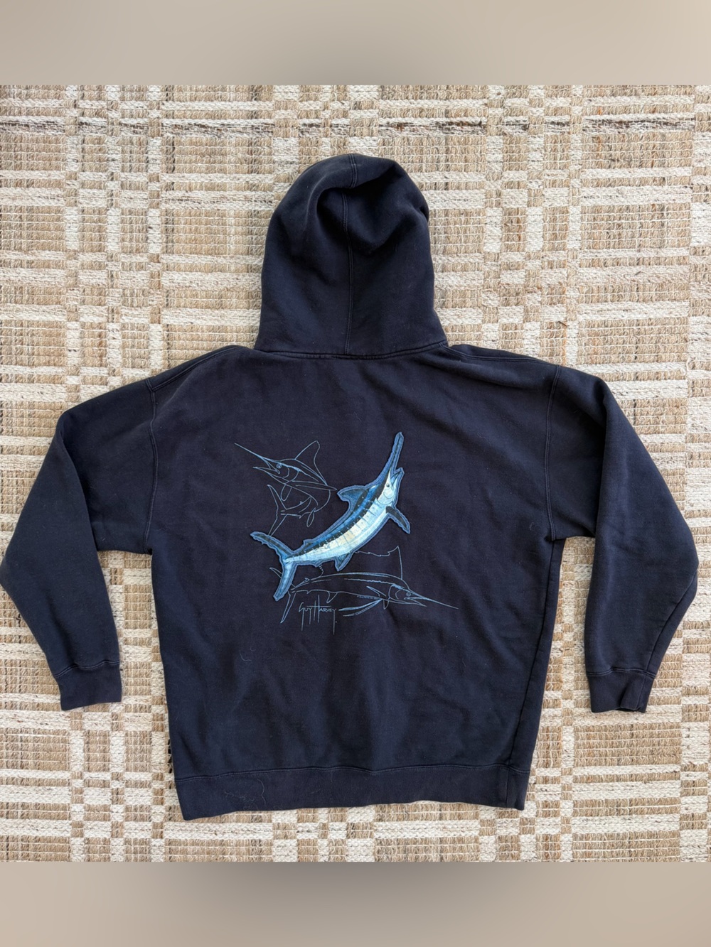 Guy Harvey Navy Blue Zip Up Hoodie Sweatshirt with Blue Marlin Graphic